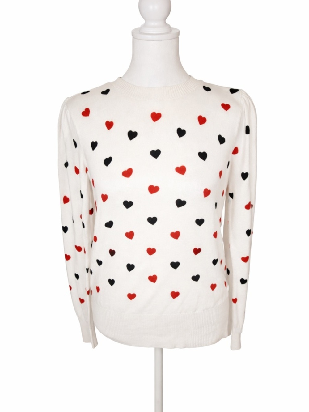White Heart Print Crewneck Sweater - Red & Black Hearts